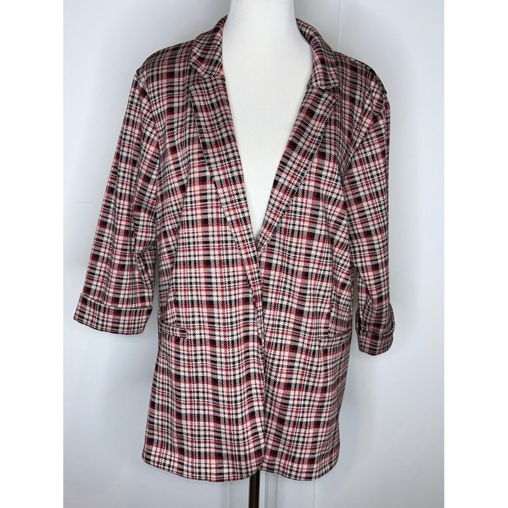 Womens Red Black Plaid Open Front 3/4 Sleeve Blazer Jacket Size 12